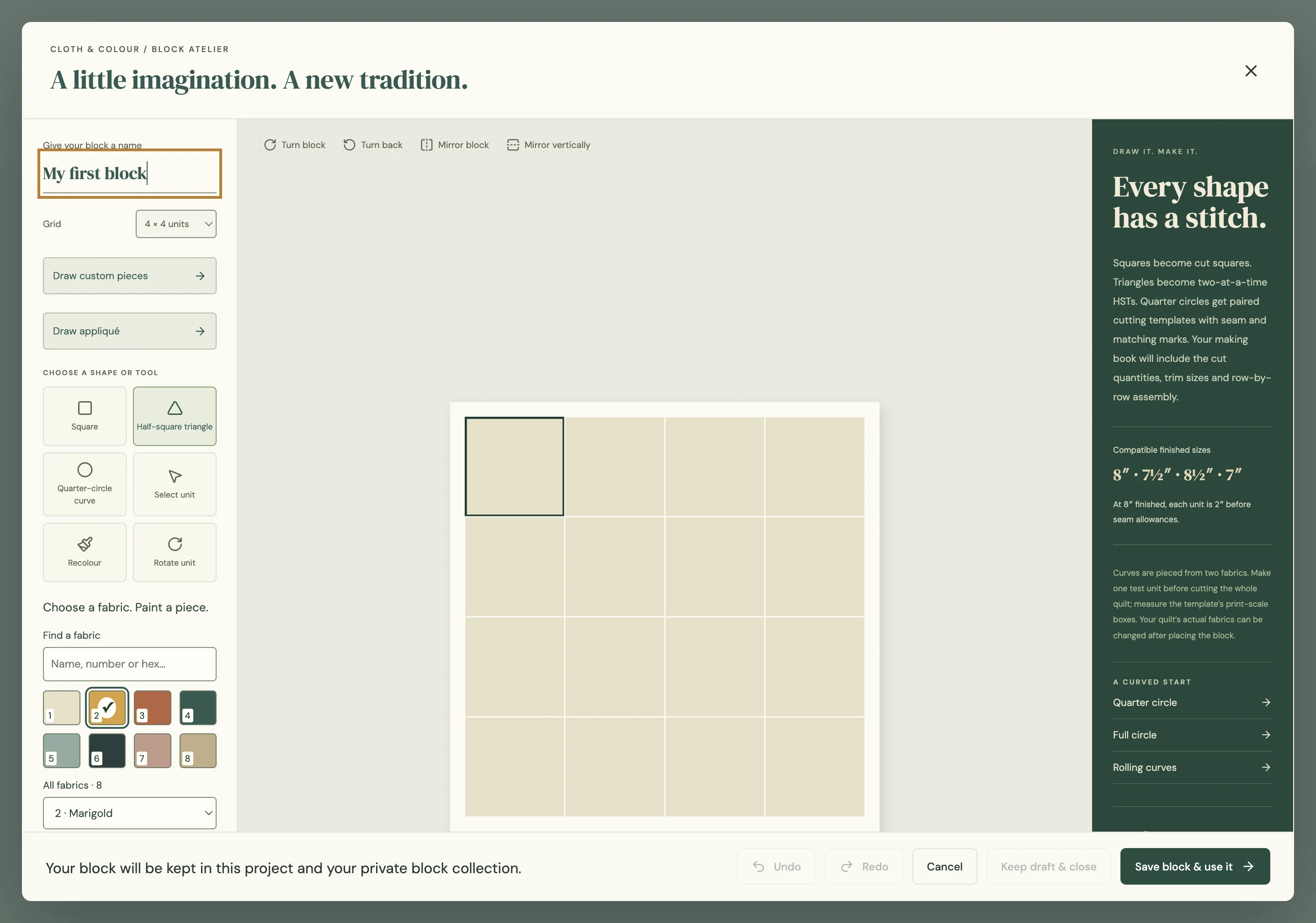Actual Cloth & Colour block studio preview, showing fabric choices and a pieced block grid