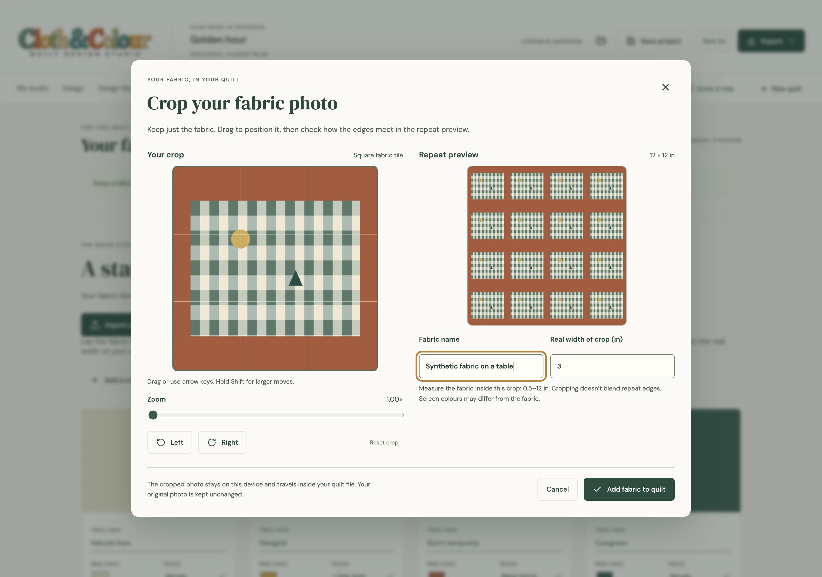 Actual Cloth & Colour preview showing the fabric photo crop controls